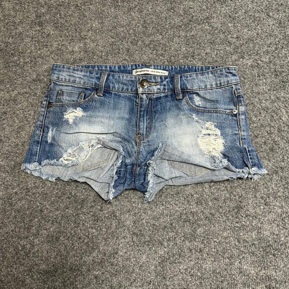 Stradivarius Denim Shorts Womens Size 4 Blue Distressed Raw Hem Low Rise Casual